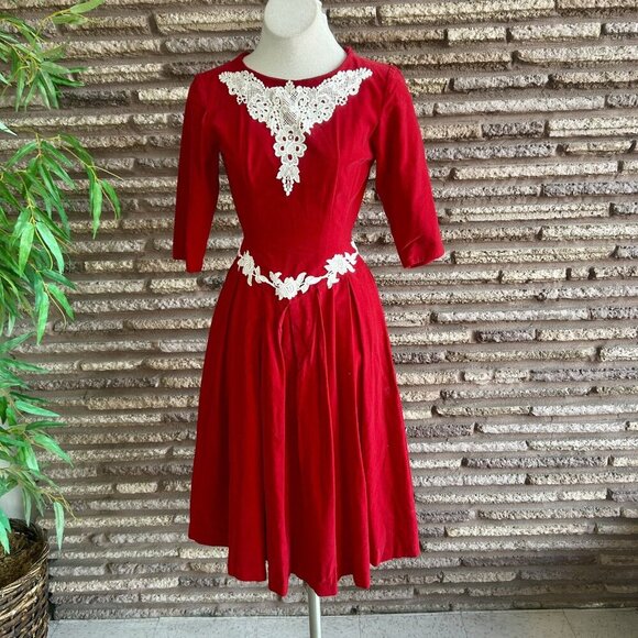 Vintage 60s Handmade Red Velvet Lace Accents Full Skirt Dress - Picture 2 of 8